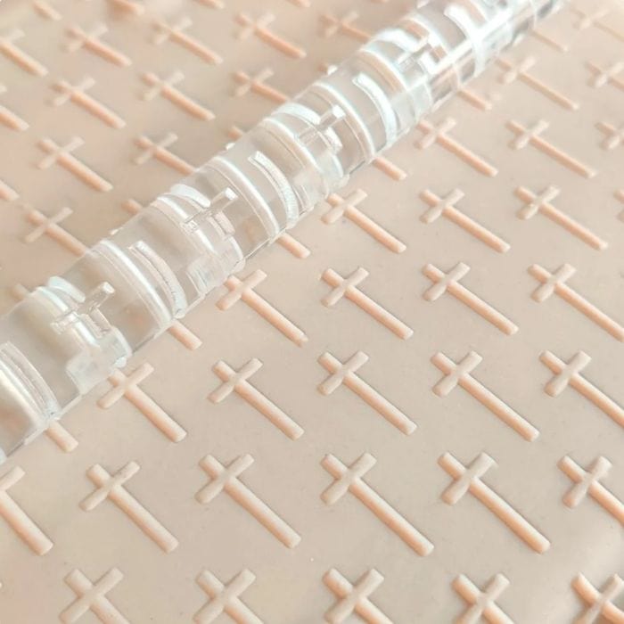Close-up of Acrylic Embossed Rolling Pin with Holy Cross Communion Church Design | Ideal for Fondant Details
