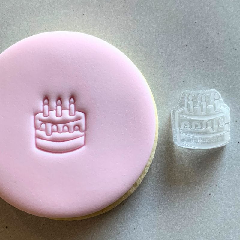 Mini Birthday Cake Party Cookie Stamp used to create decorated fondant cookie