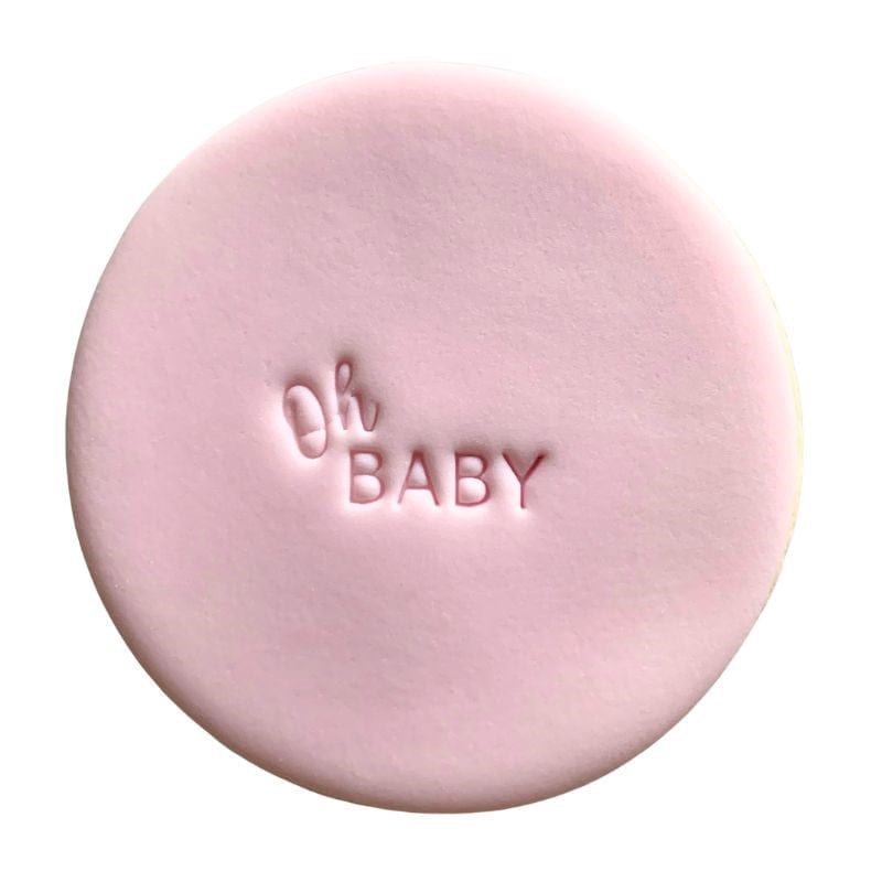 fondant cookie with "Oh Baby" text stamp design