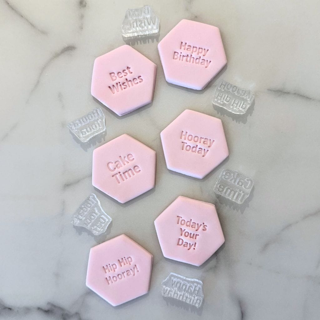 Complete birthday cookie stamp bundle with stamps, fondant cookies, and hexagon cutter.