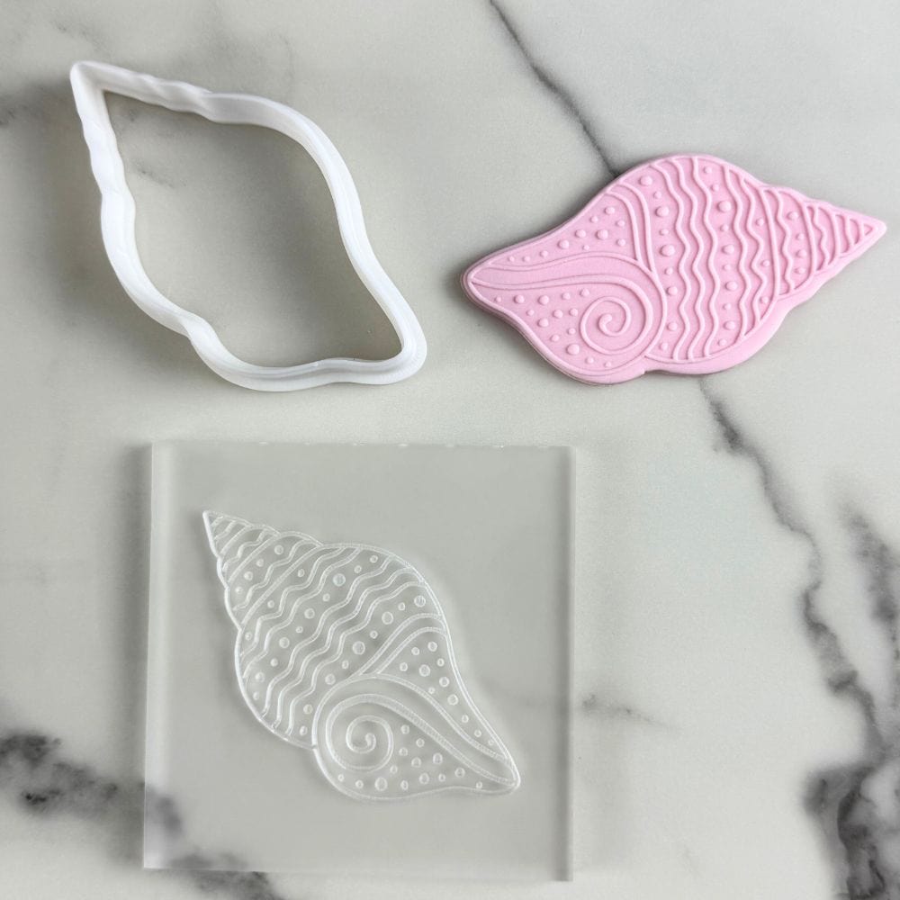 conch shell cookie cutter and embosser set for fondant cookies