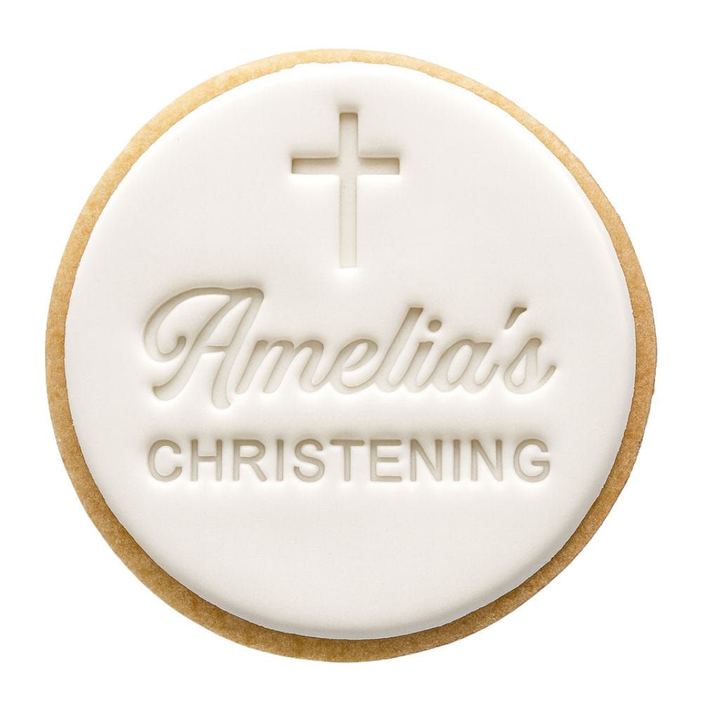custom christening cookie stamp with personalised name and cross fondant design