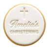 custom christening cookie stamp with personalised name and cross fondant design