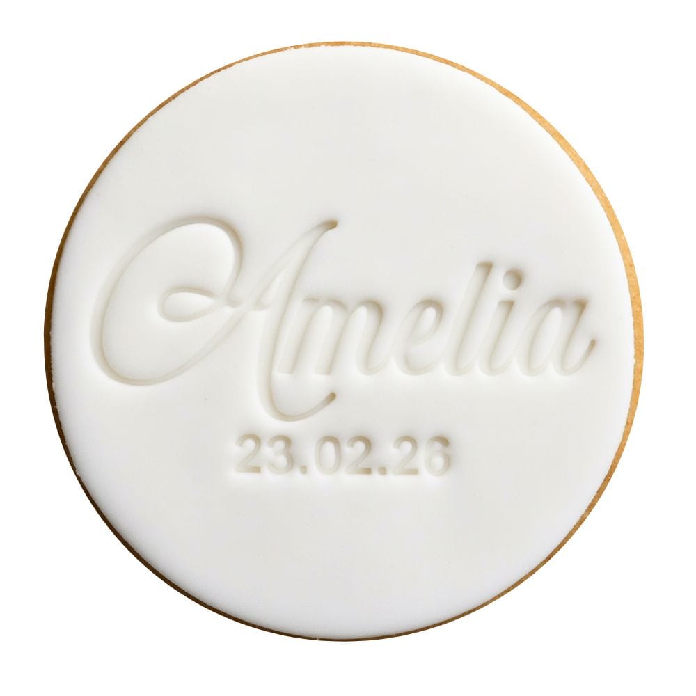 custom name and date cookie stamp on fondant cookie
