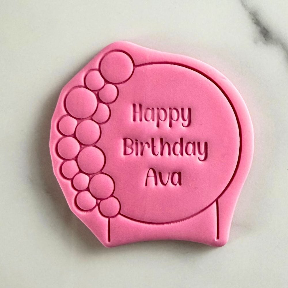 personalised birthday fondant cookie stamp with balloon arch design made in Australia