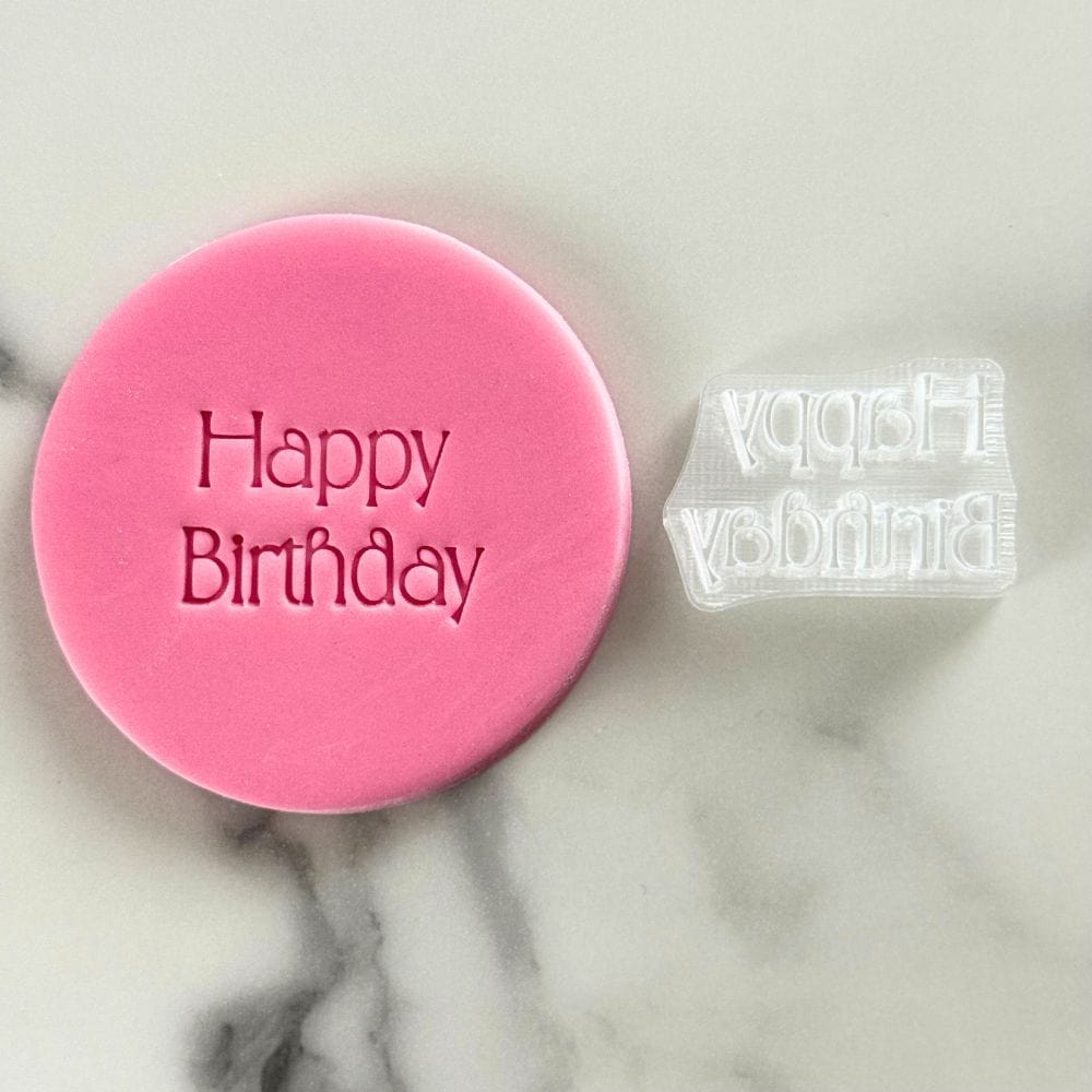 happy birthday retro fondant cookie stamp with embossed text