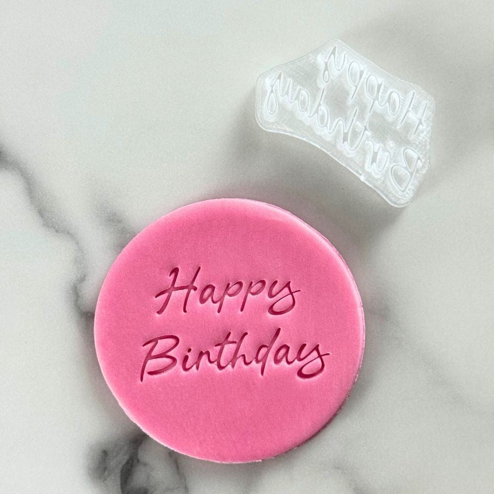 happy birthday script fondant cookie stamp with embossed text