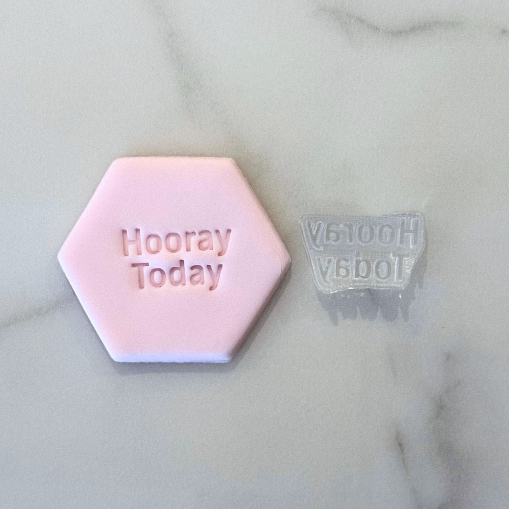 Hooray Today cookie stamp with clean fondant impression and acrylic stamp shown