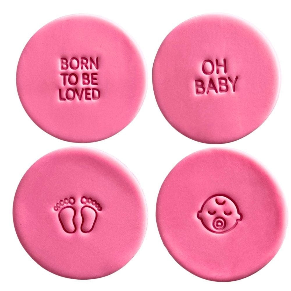mini baby shower cookie stamps set – oh baby born to be loved baby face baby feet fondant cookies