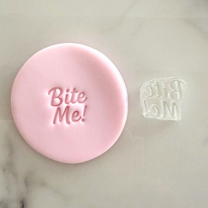 Mini Bite Me cookie stamp with fondant – great for fun party cookies and gag bakes