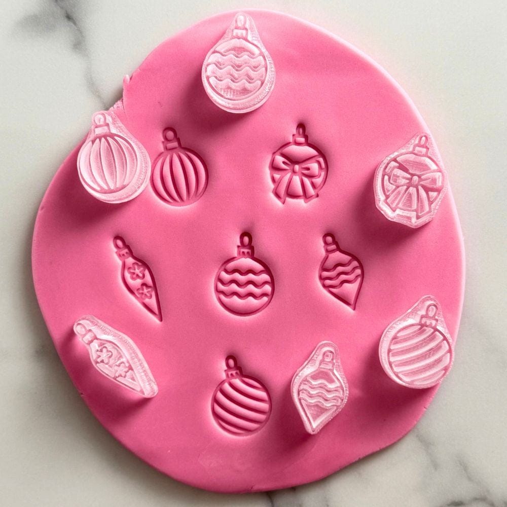 mini christmas baubles cookie stamp set with small ornament designs for fondant cookies