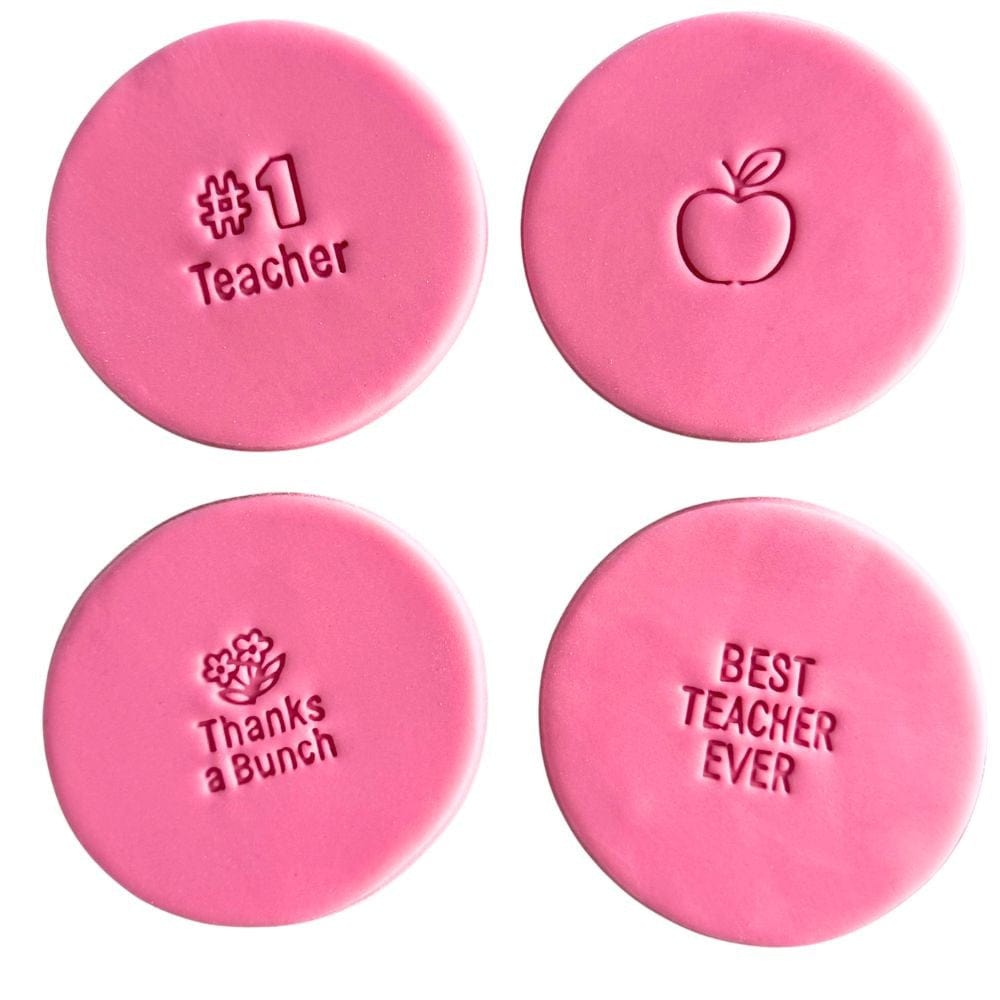 mini teacher appreciation fondant cookie stamps set – #1 teacher best teacher ever thanks a bunch apple fondant