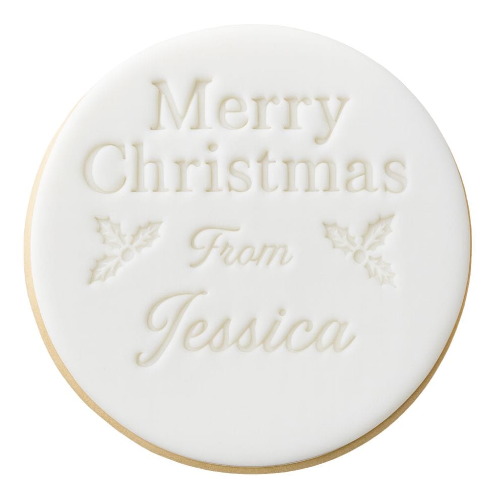Personalised Merry Christmas From Jessica fondant cookie made with holly classic cookie stamp