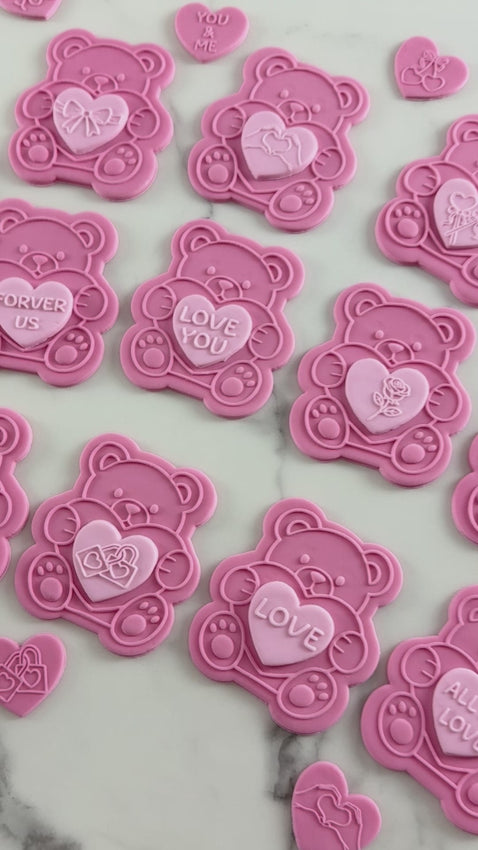 teddy love valentines layered fondant cookies made with teddy cookie stamp and heart toppers
