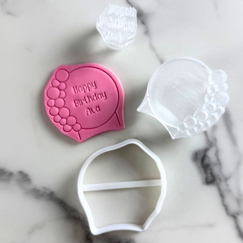 custom personalised happy birthday cookie stamp with balloon arch cookie cutter