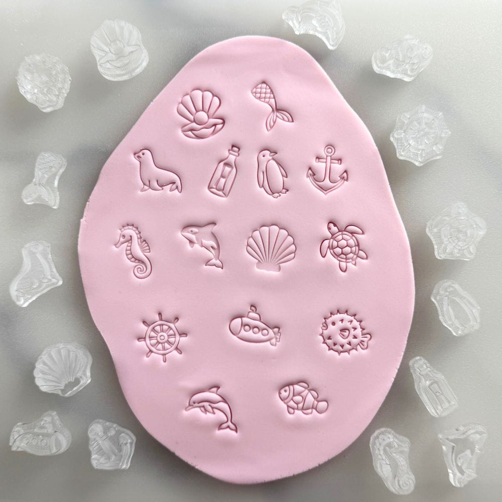 full set of under the sea cookie stamps including elegant seahorse fondant impression