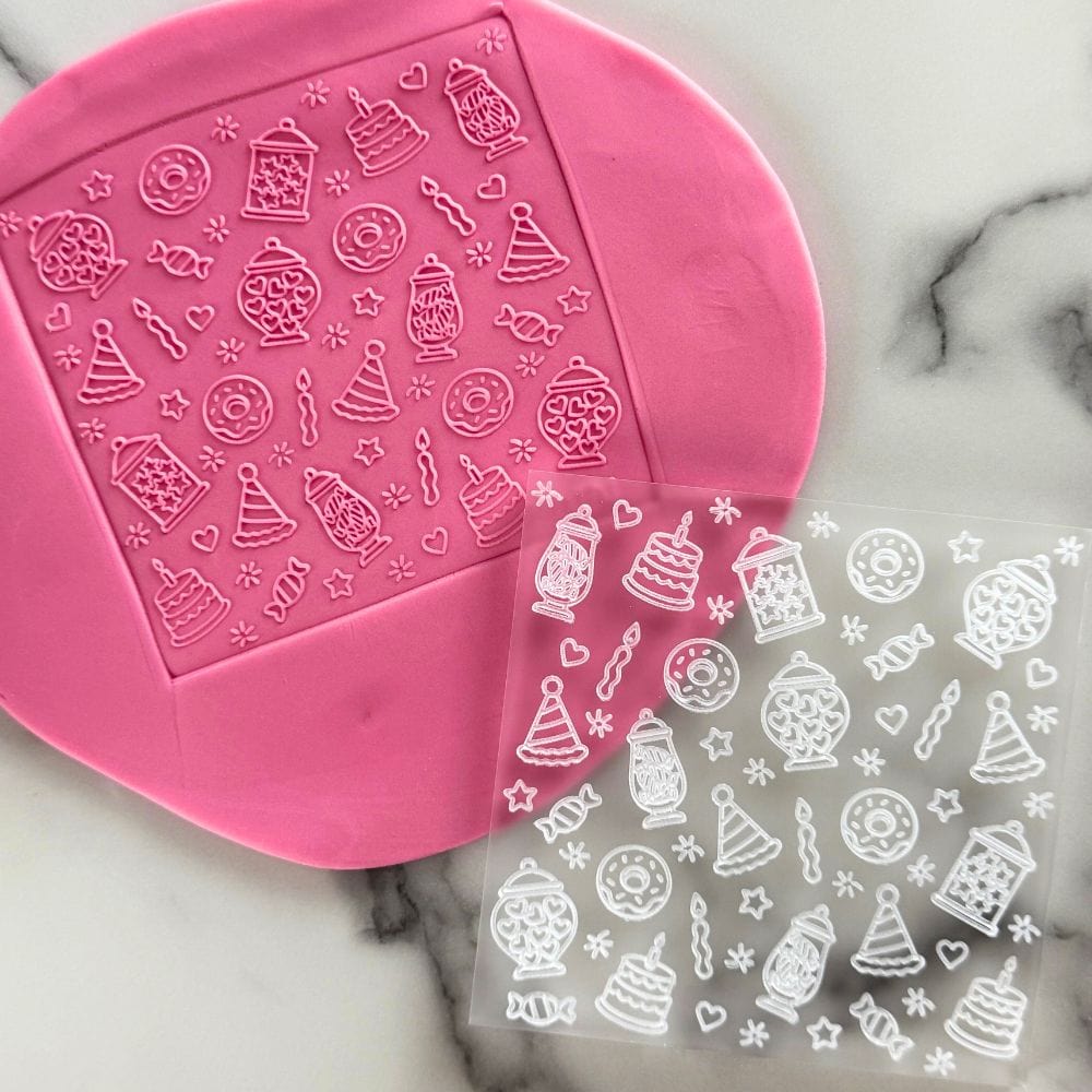 sweet party themed fondant cookie embosser with cakes and candy