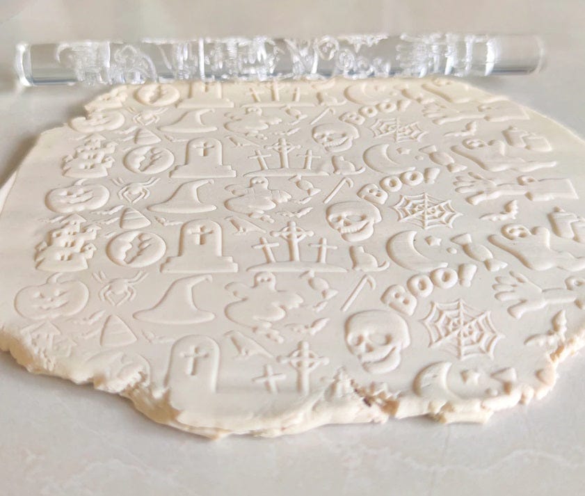 Close-up of Acrylic Embossed Rolling Pin with Spooky Halloween Design | Ideal for Fondant Details