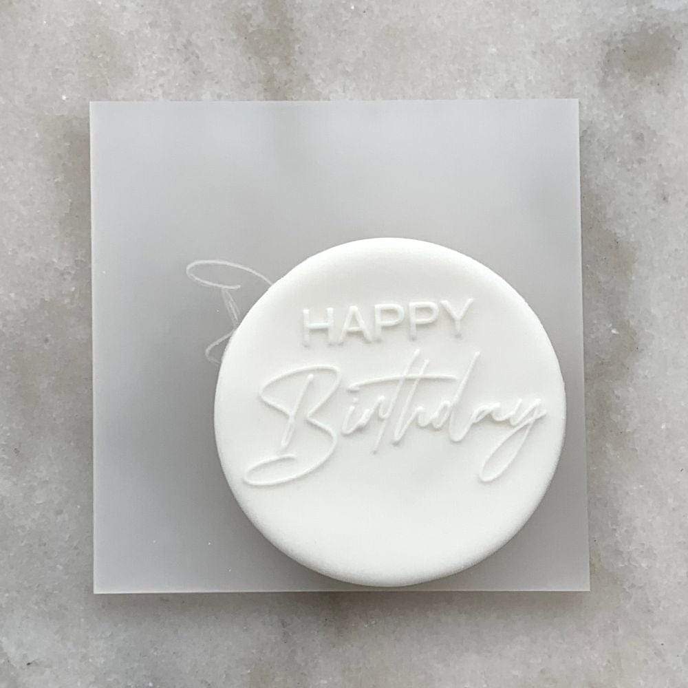 Acrylic fondant debosser and cookie with Happy Birthday cursive design