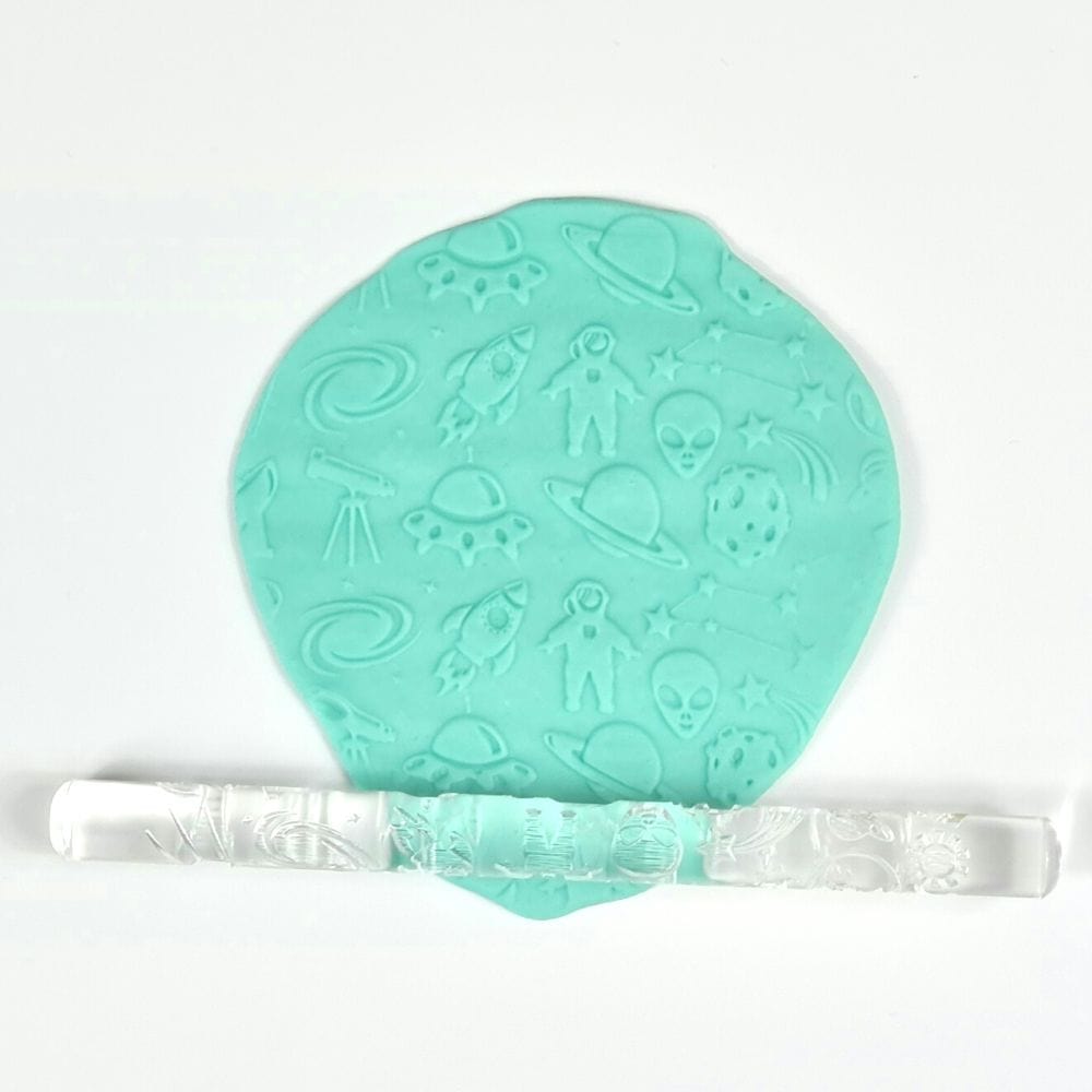 Close-up of Acrylic Embossed Rolling Pin with Outer Space Design | Ideal for Fondant Details